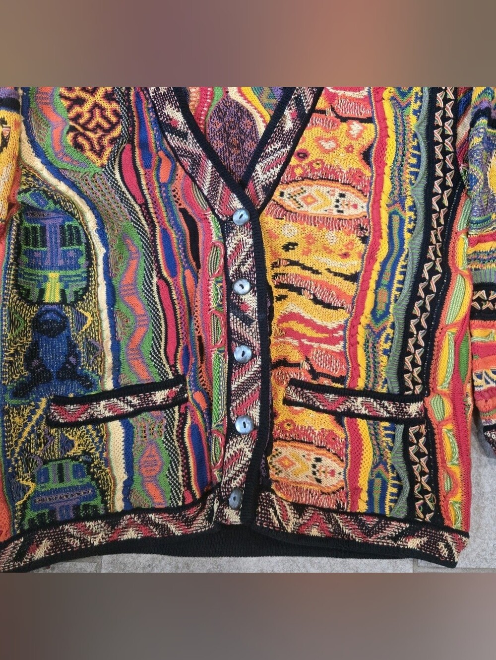 Vintage 90s COOGI Australia 3D Knit Cardigan Sweater Multicolor Cotton Biggie - Picture 6 of 10
